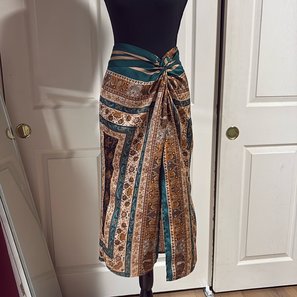 Teal and Brown Paisley Wrap Midi Skirt
